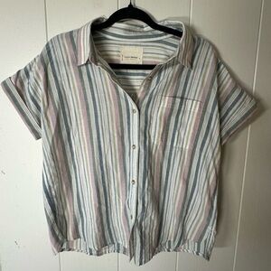 Lucky Brand Pastel Stripe Short Sleeve Button Down Top Oversize M
